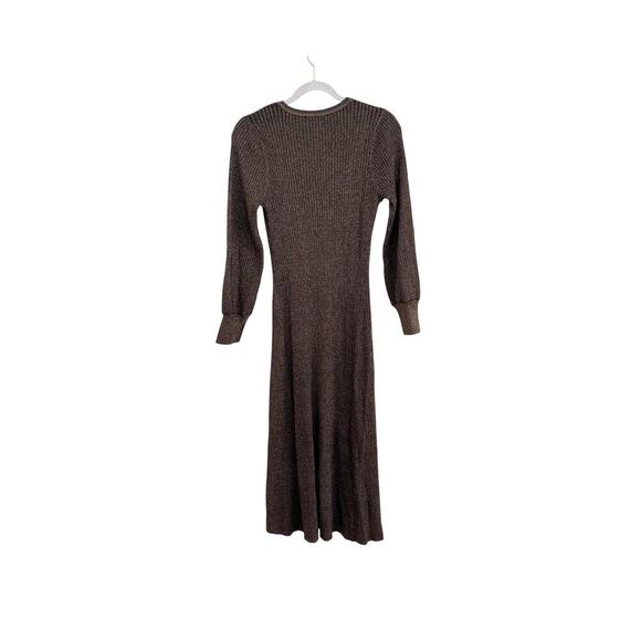 LOFT Gold Black Shimmer Ribbed V-Neck Midi Sweater Dress Blouson Sleeves - Picture 6 of 13